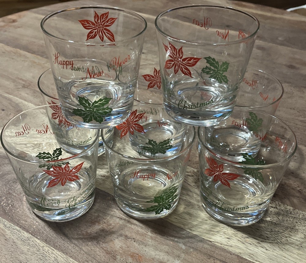 RARE Set of 8 MCM Clear Merry Christmas, Happy New Year Lowball Drinking Glasses