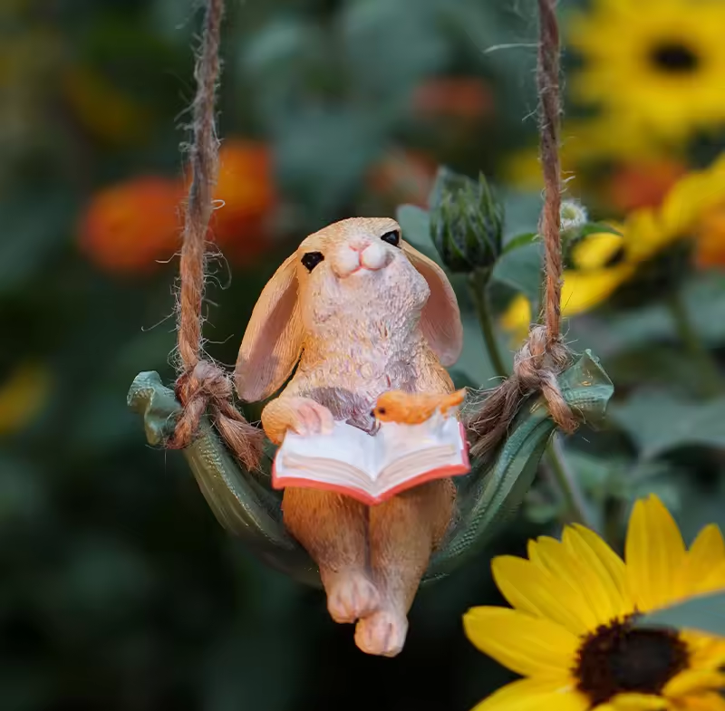 Miniature Swing Reading Rabbit Statue Fairy Garden Decor Gift