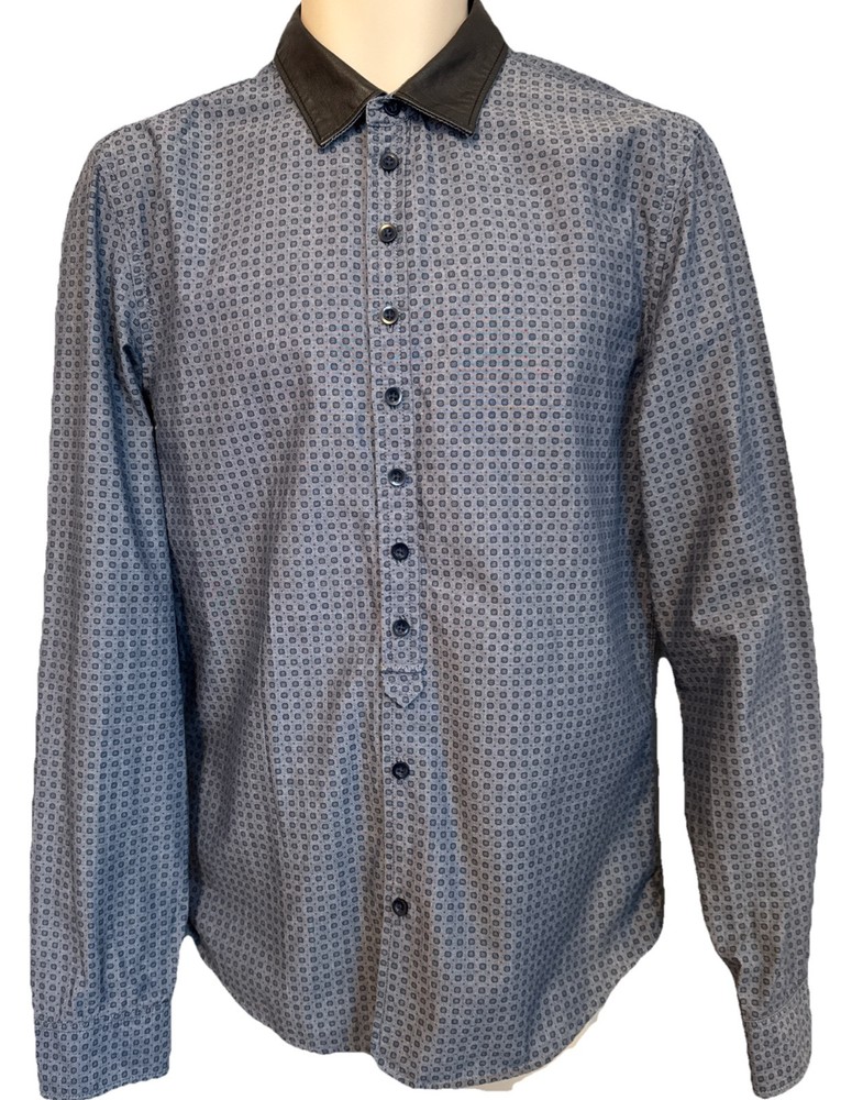 DIESEL Men Shirt SHEEP SKIN LEATHER COLLAR, DESIGNER PATTERN LS COTTON Button Up