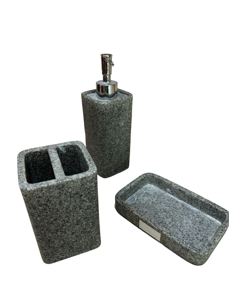 3 Piece Grey Stone Speck ACCESSORIES SET BIN SOAP  DISPENSER TOOTHBRUSH TUMBLER