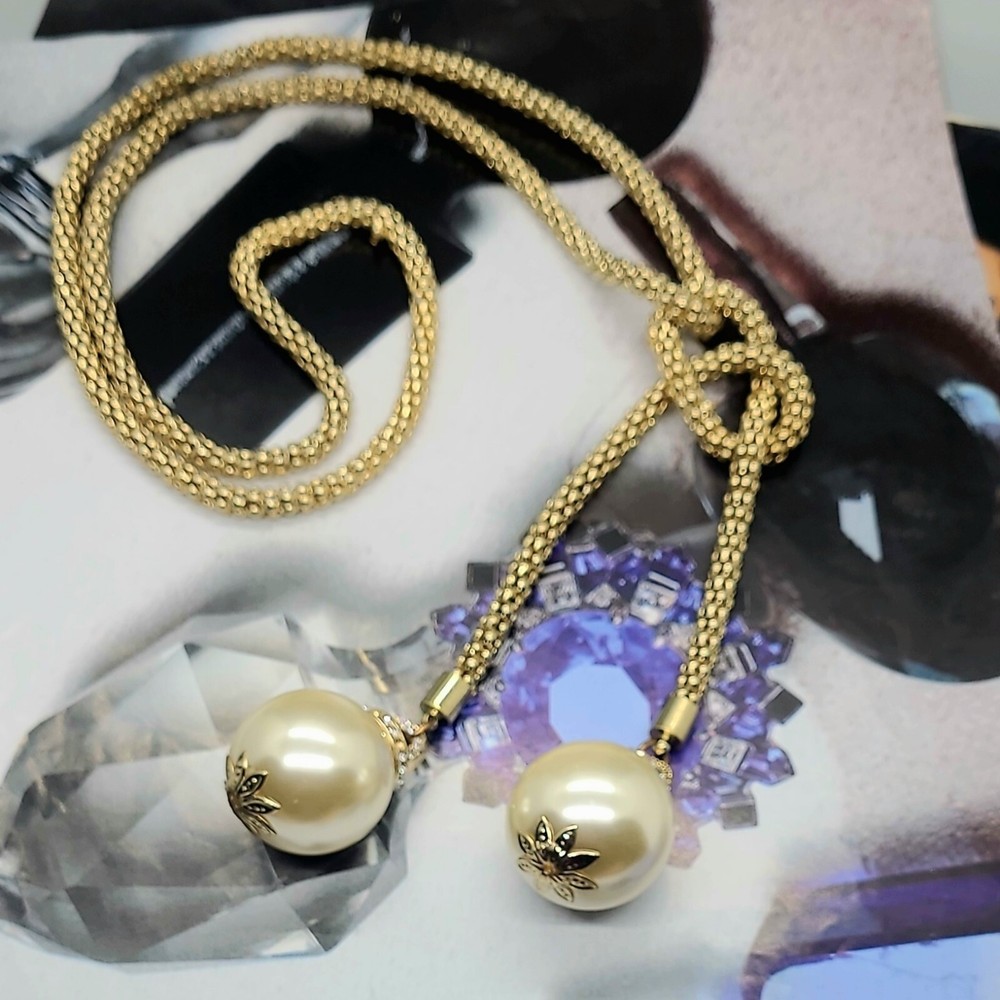 Vintage Estate Open Wrap Tie Gold Rope Chain W/ Large Crystal Embellished Pearls