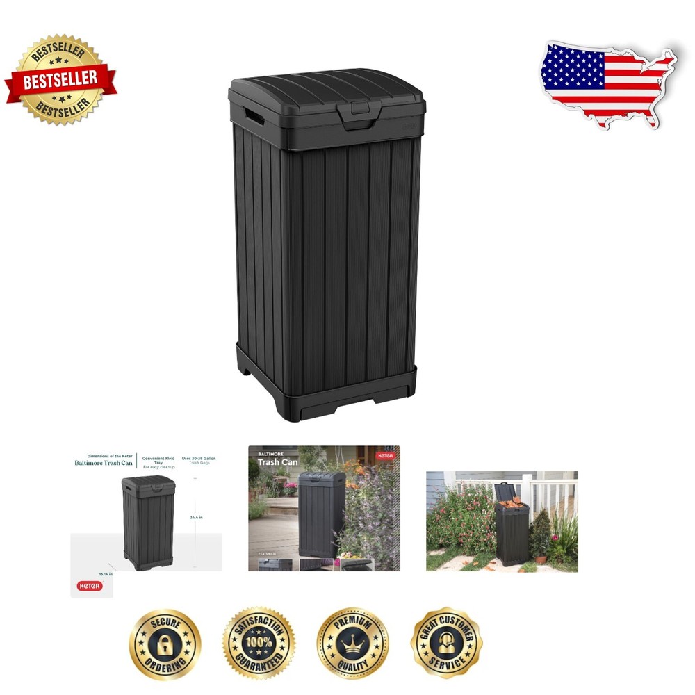 Black Resin 38-Gallon Outdoor Kitchen Trash Can with Double Lid for Secure Waste