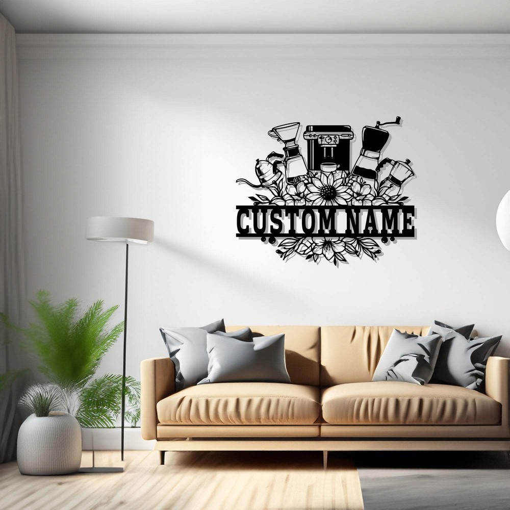 Custom Coffee Maker Frame Metal Wall Art Personalized Coffee Shop Name Sign Deco