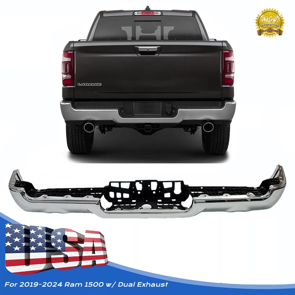 Rear Bumper Face Bar For Dodge Ram 1500 2019-2024 with Dual Exhaust Steel Chrome