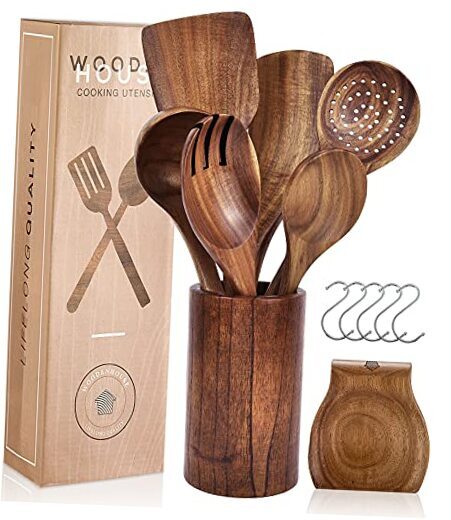 Wooden Cooking Utensils, Kitchen Utensils Set with Holder & Spoon Rest, Teak