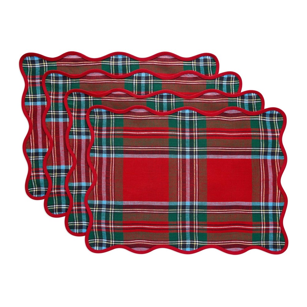 Scallop Cloth Placemats Set of 4-100% Pure Linen Red Madras Holiday Plaid Pla...