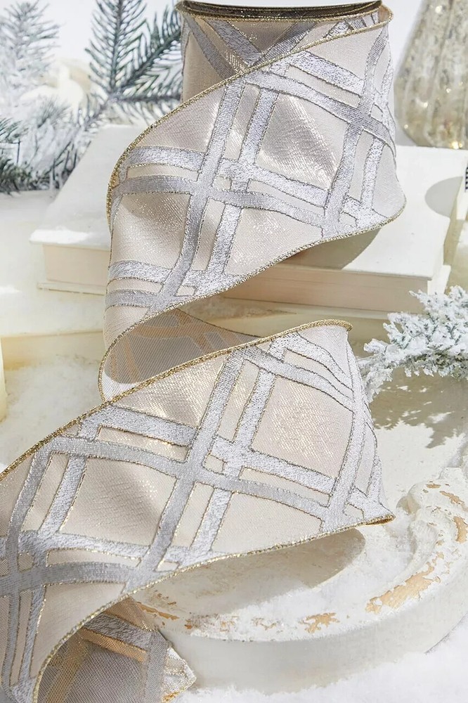 4 Inch x 10 Yard Gold and Blue Lattice Pattern Ribbon