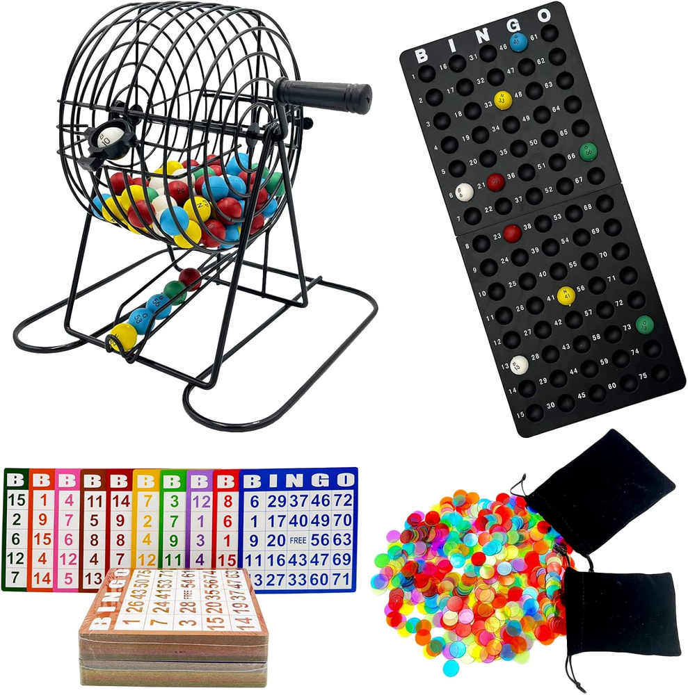Deluxe Bingo Game Set-Includes Bingo Cage,600 Colorful Bingo Chips with a Bag,10