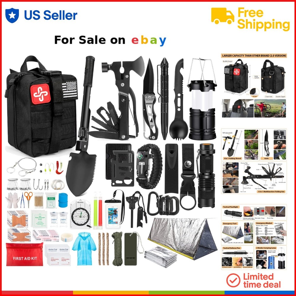 250Pcs Survival Kit with First Aid & Emergency Gear in MOLLE Bag for Camping Hunting