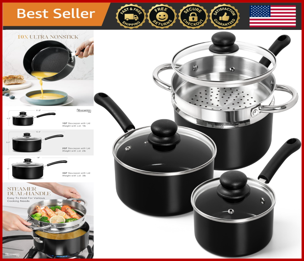 Nonstick Ceramic Saucepan Set with Lid and Steamer in 1QT 2QT 3QT Sizes Easy to Clean