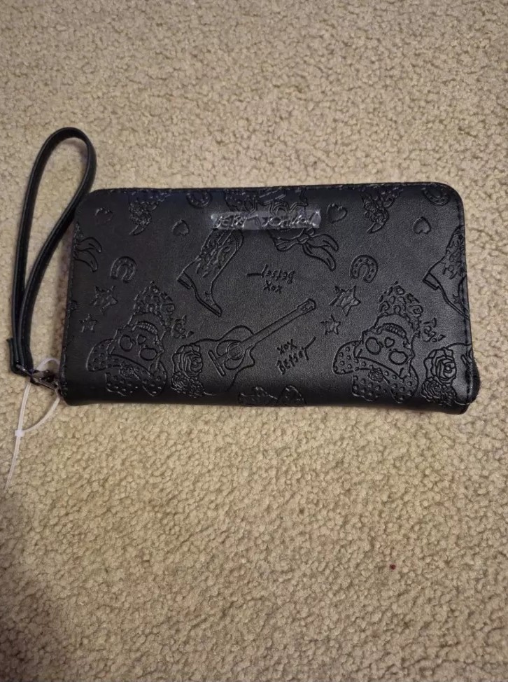 BETSEY JOHNSON BLACK COWBOY SKULLS, BOOTS, GUITARS WALLET/WRISTLET  RODEO STYLE