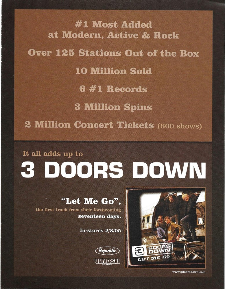 3 DOORS DOWN Vintage Let PROMO TRADE AD Poster of Seventeen CD 8.5x11 MINT three