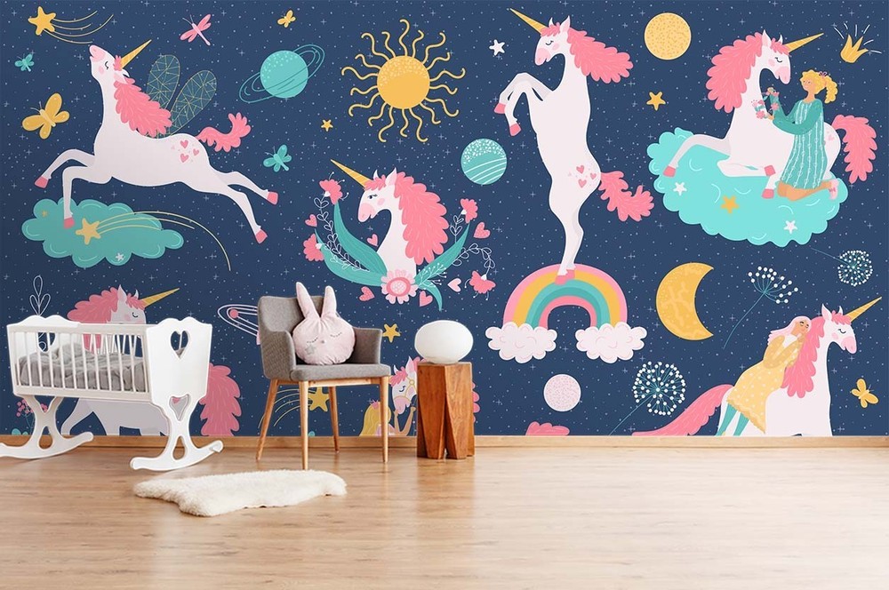 3D Unicorn Girl Flowers Watercolor Wall Murals Wallpaper Murals Wall Sticker