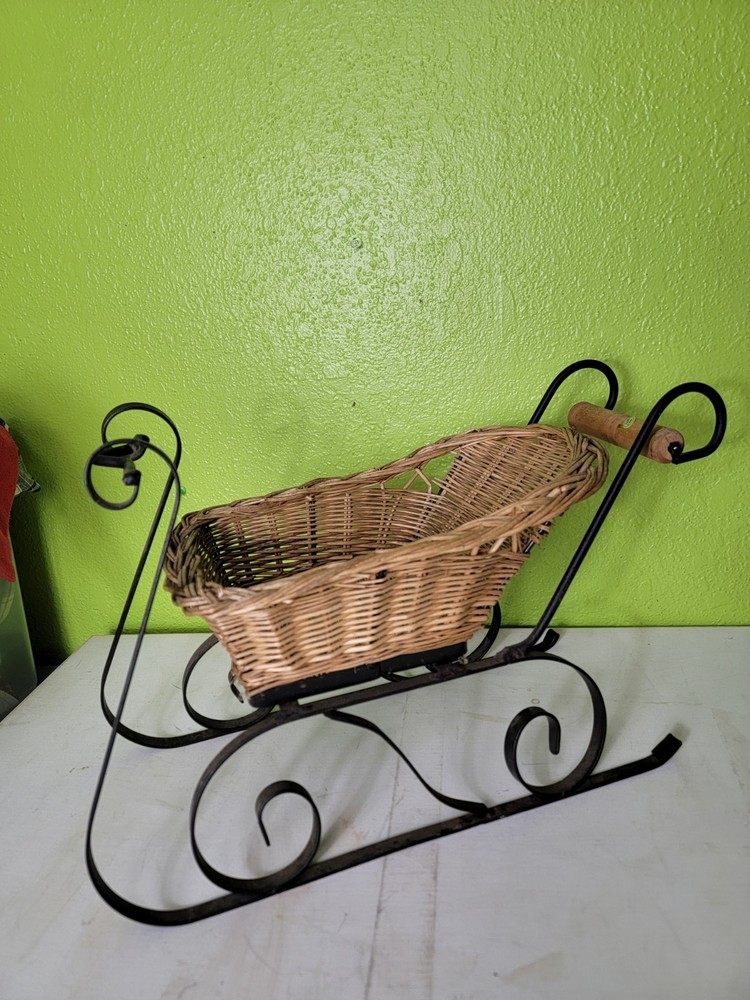 Vintage Sleigh, Iron & Wicker, Holiday Decor Doll Sleigh Collectible Christmas