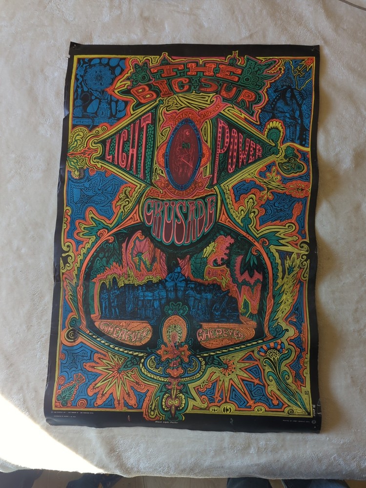 Big Sur Light Power Crusade Vintage 1968 Blacklight Headshop Poster 23” x 35”
