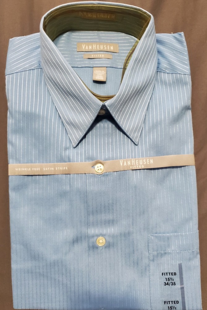 Van Heusen Men's 15.5 34/35 Fitted Dress Shirt Blue Satin Stripe Wrinkle Free