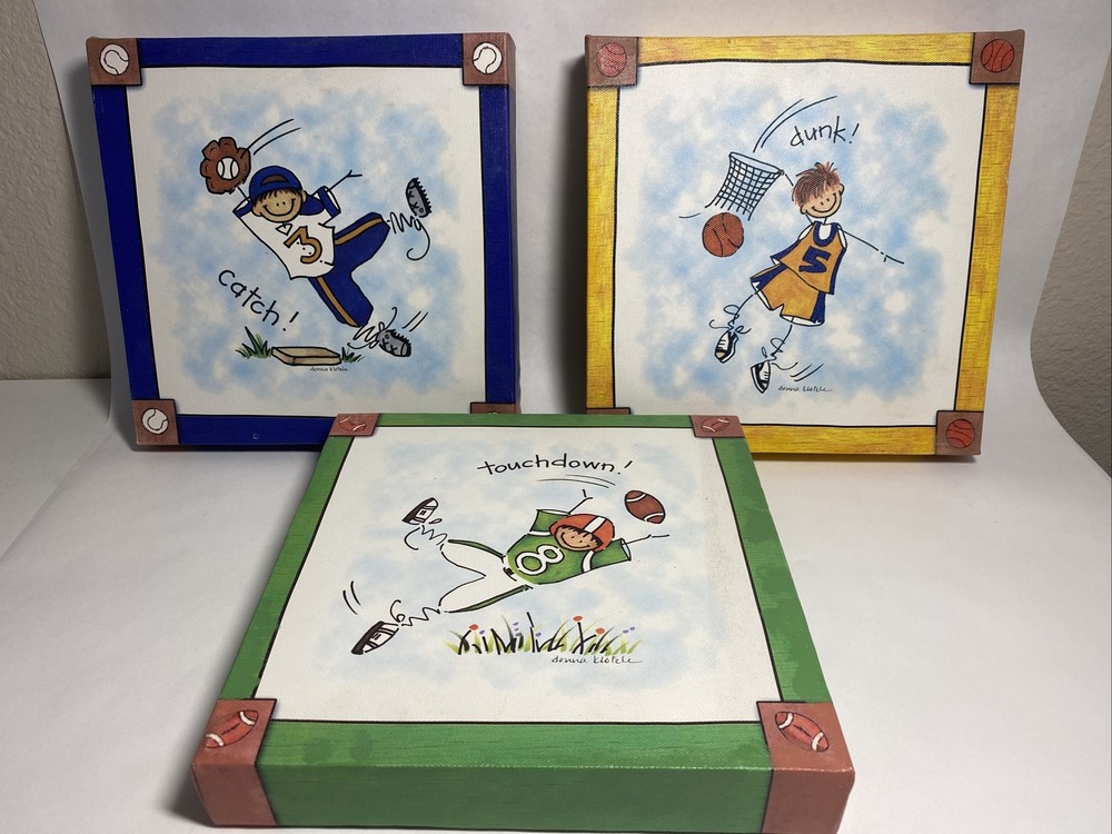 Donna Klotzle 3 Piece Sports Children”s Wall Decor Baseball Football Basketball