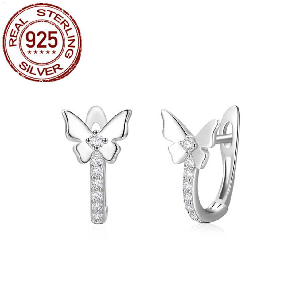Fashion 925 Sterling Silver Cubic Zirconia Flower Butterfly Huggie Hoop Earrings