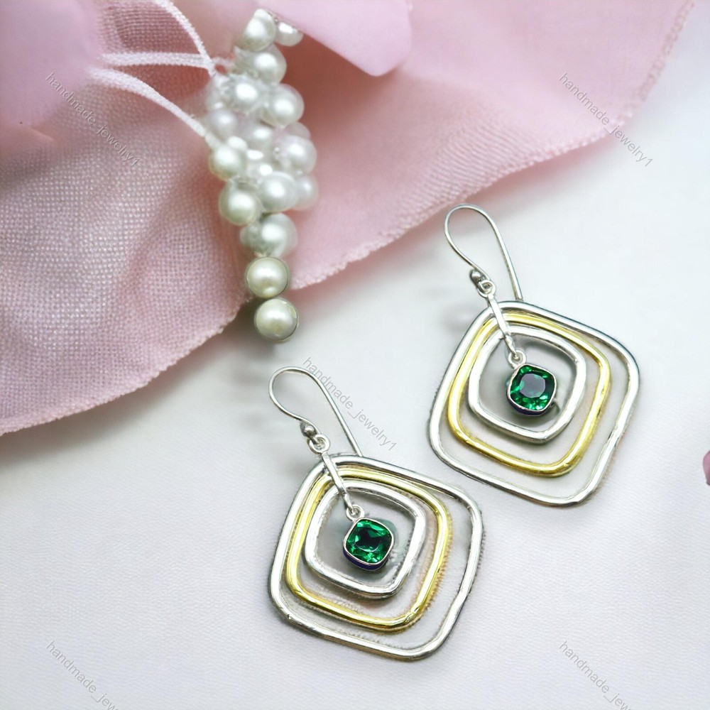 925 Sterling Silver Green Emerald Square Drop Sister Earrings