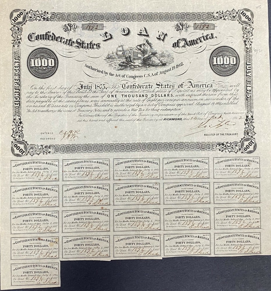 $1000 Confederate States Coupon Bond Criswell 93 Ball 95 Civil War Era Collectible-image