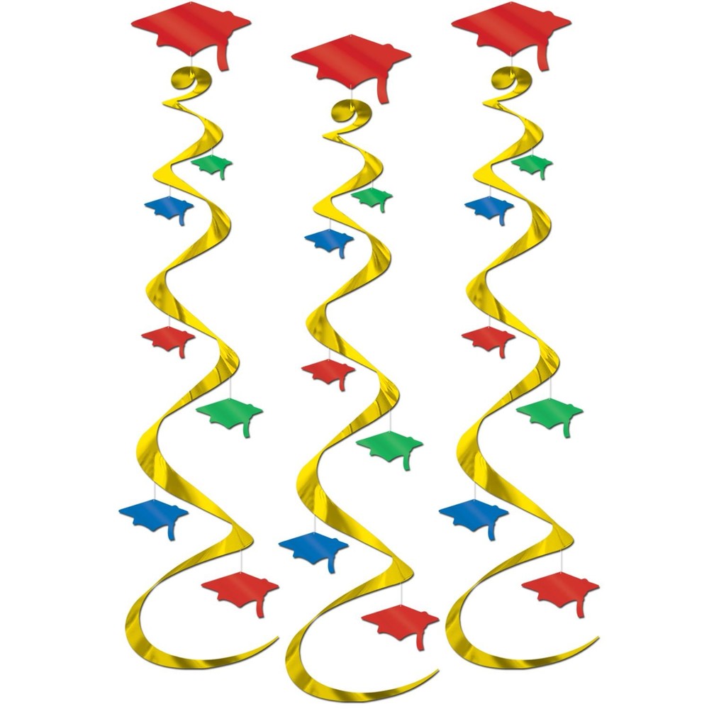 Colorful Graduation Cap Whirls 3-Pack Party Decorations