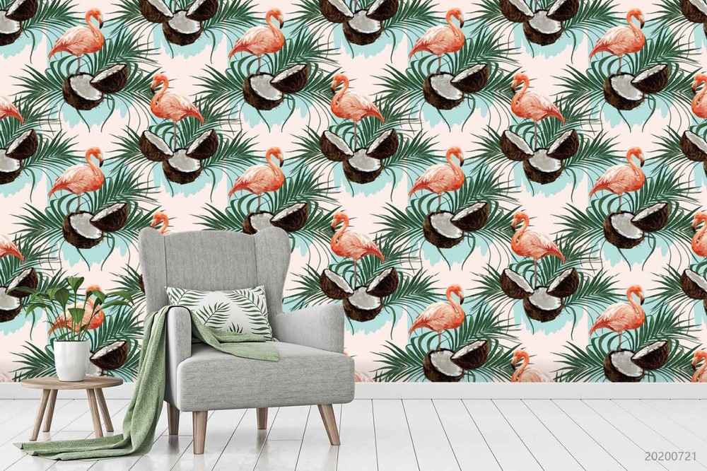 3D Flamingo Coconut Leaf Pattern Wall Murals Wallpaper Murals Wall Sticker