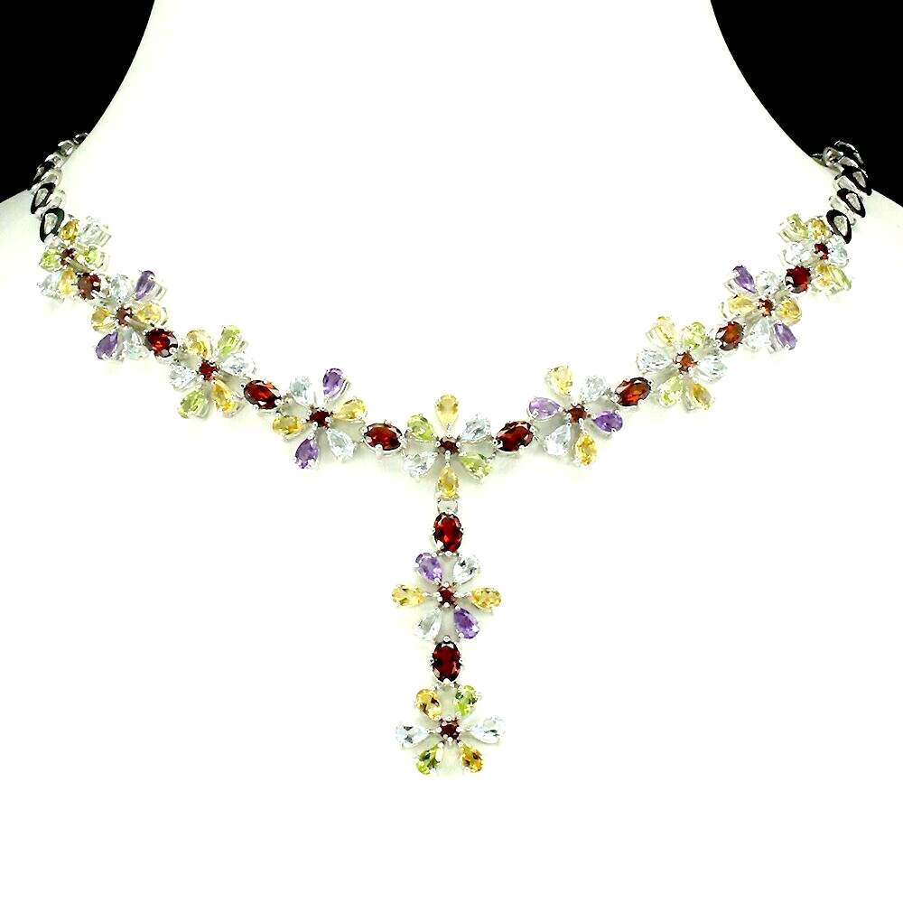 Sterling Silver Necklace with Genuine Garnet Citrine Topaz Amethyst 18-21 In