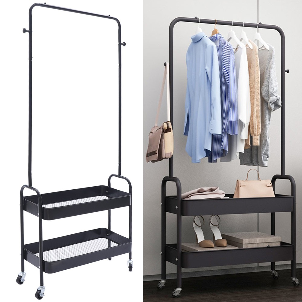 Portable Rolling Garment Rack with 2 Metal Storage Baskets for Retail or Home
