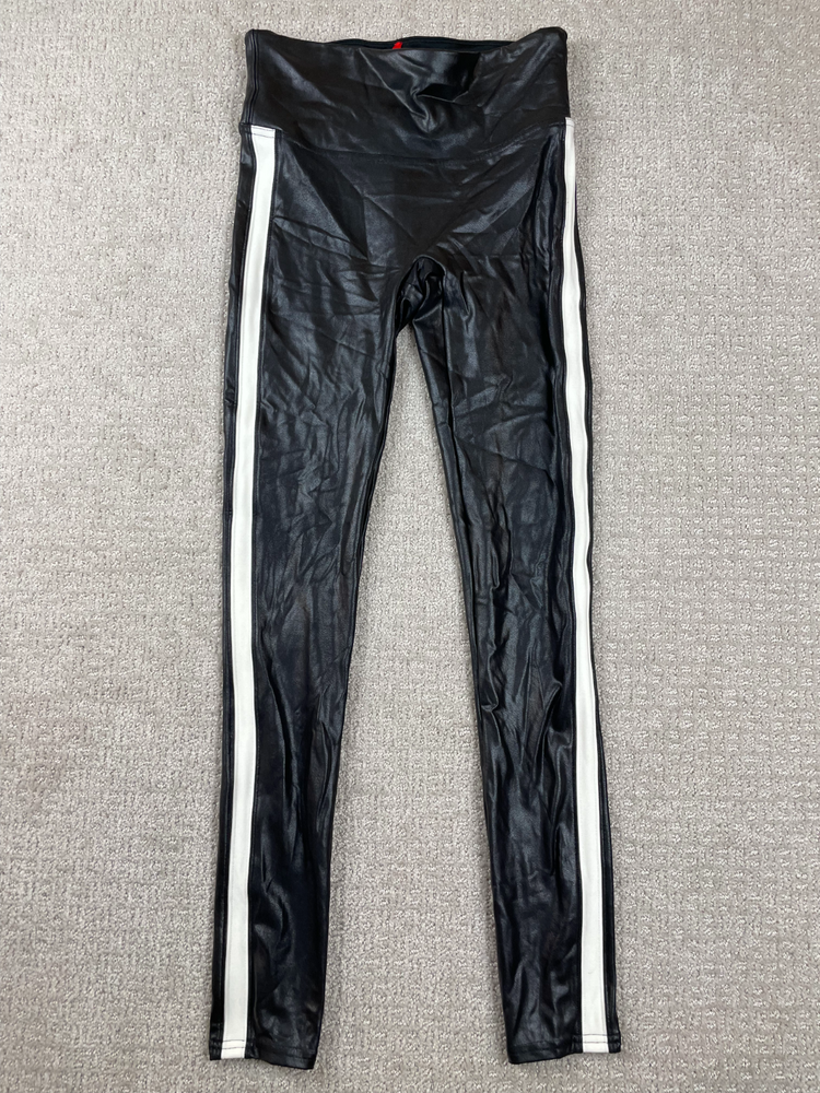 Spanx Womens Faux Leather Leggings with Tummy Control in Black White Stripe Size S