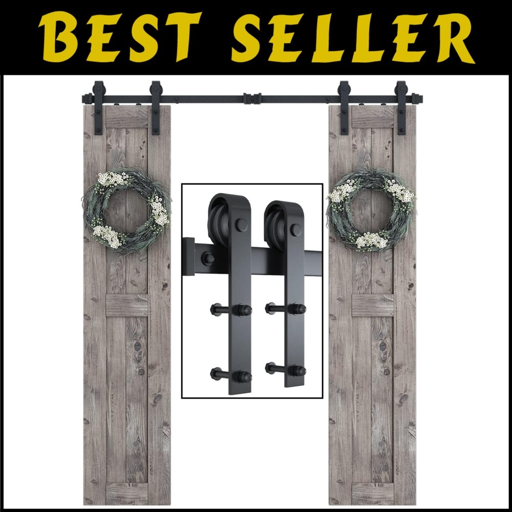 Modern 6FT Double Barn Door Hardware - J Shape Hangers with Quiet Functionality