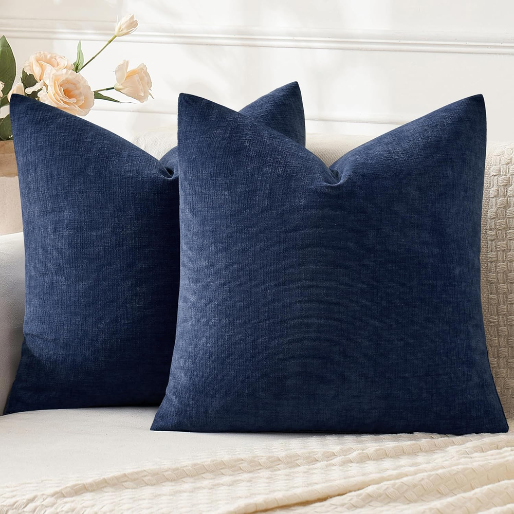 Navy Couch Pillow Covers 18X18 Inch, Set of 2 Soft Chenille Decorative Square Th