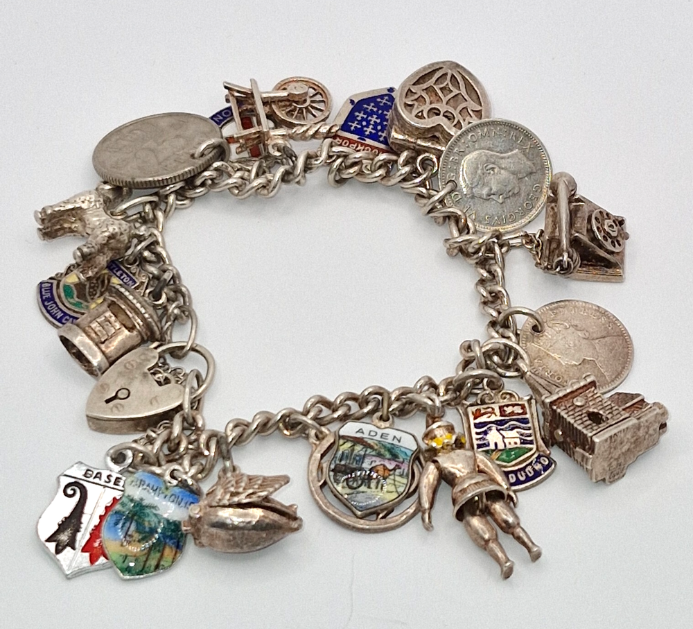 Vintage 925 Sterling Silver Charm Bracelet with 19 Charms Letters Coins Shield 53g