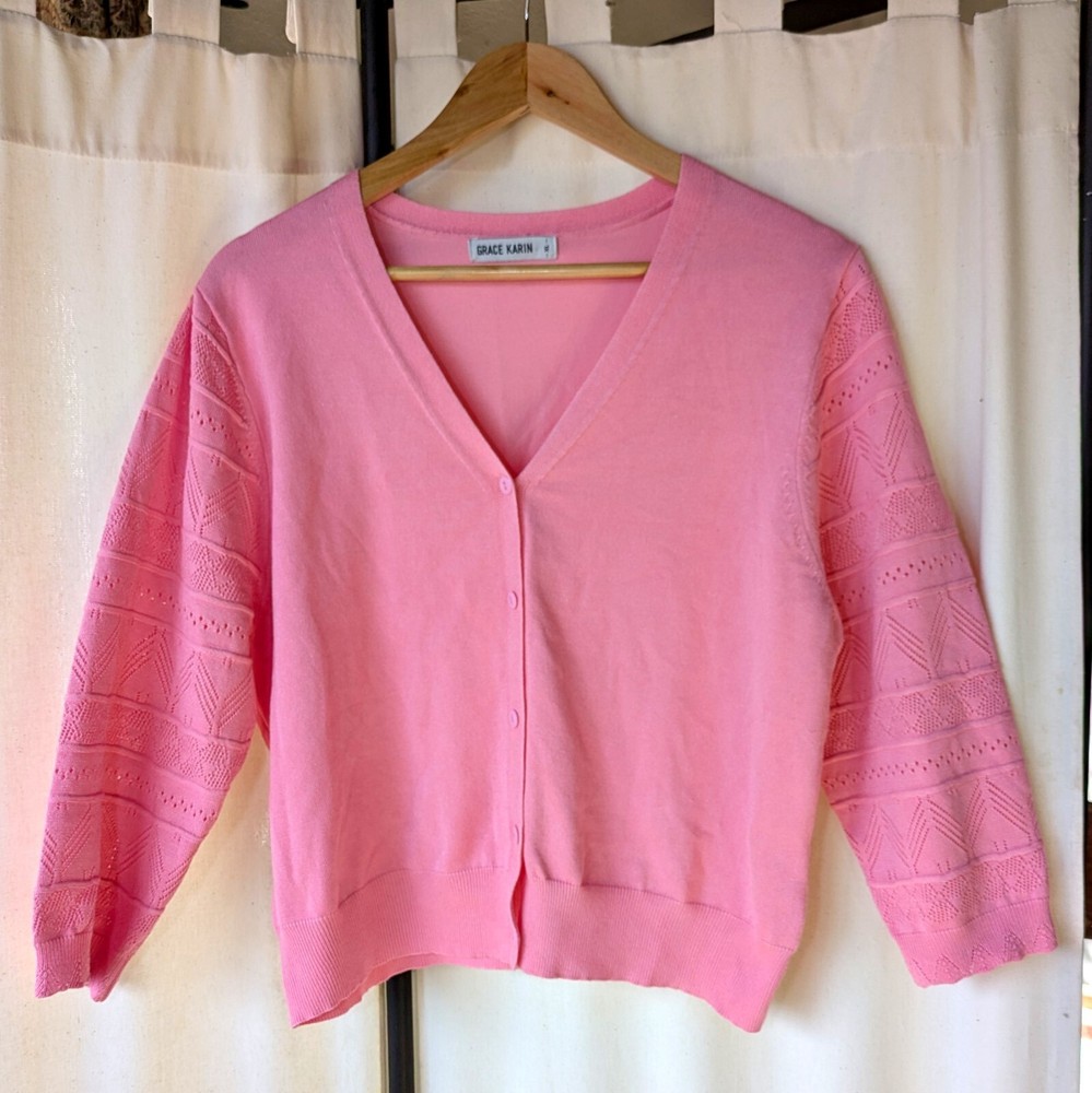 Grace Karin Women's XL Pink Ballet V-Neck 3/4 Sleeve Knit Cardigan