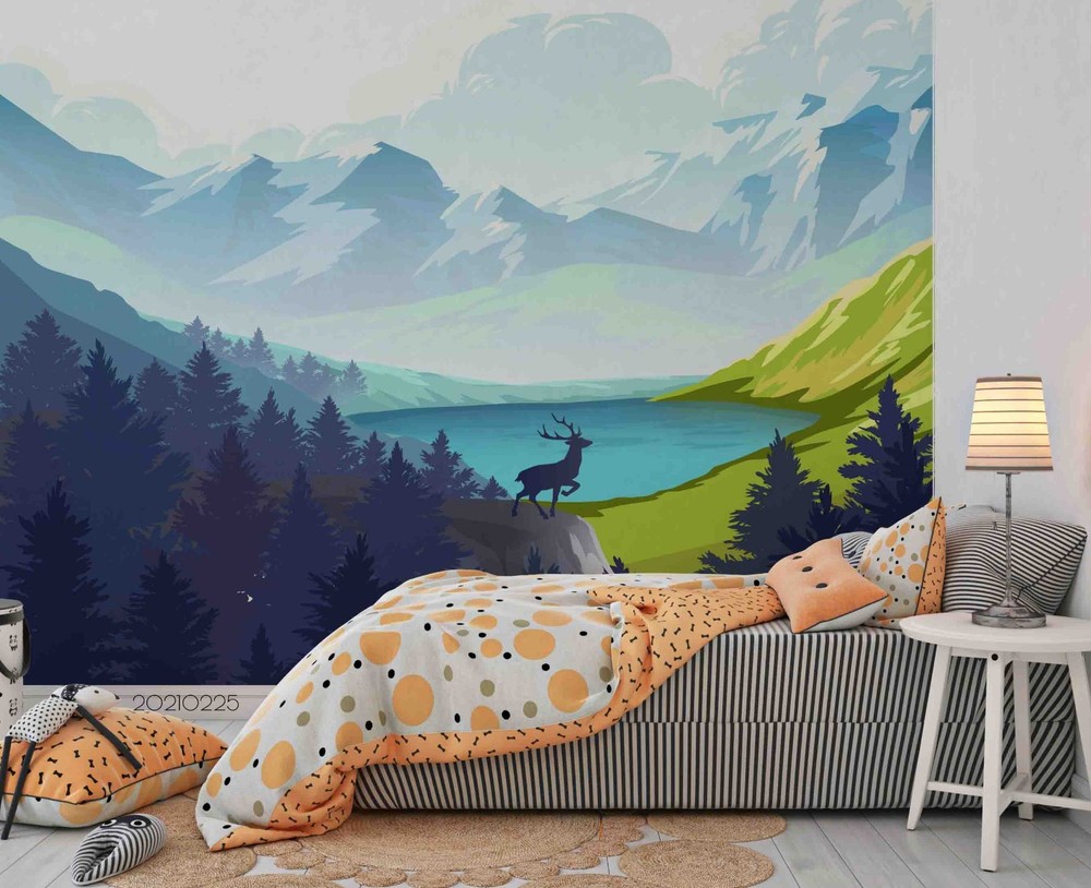 3D Mountain Forest Lake Illustration Wall Murals Wallpaper Murals Wall Sticker