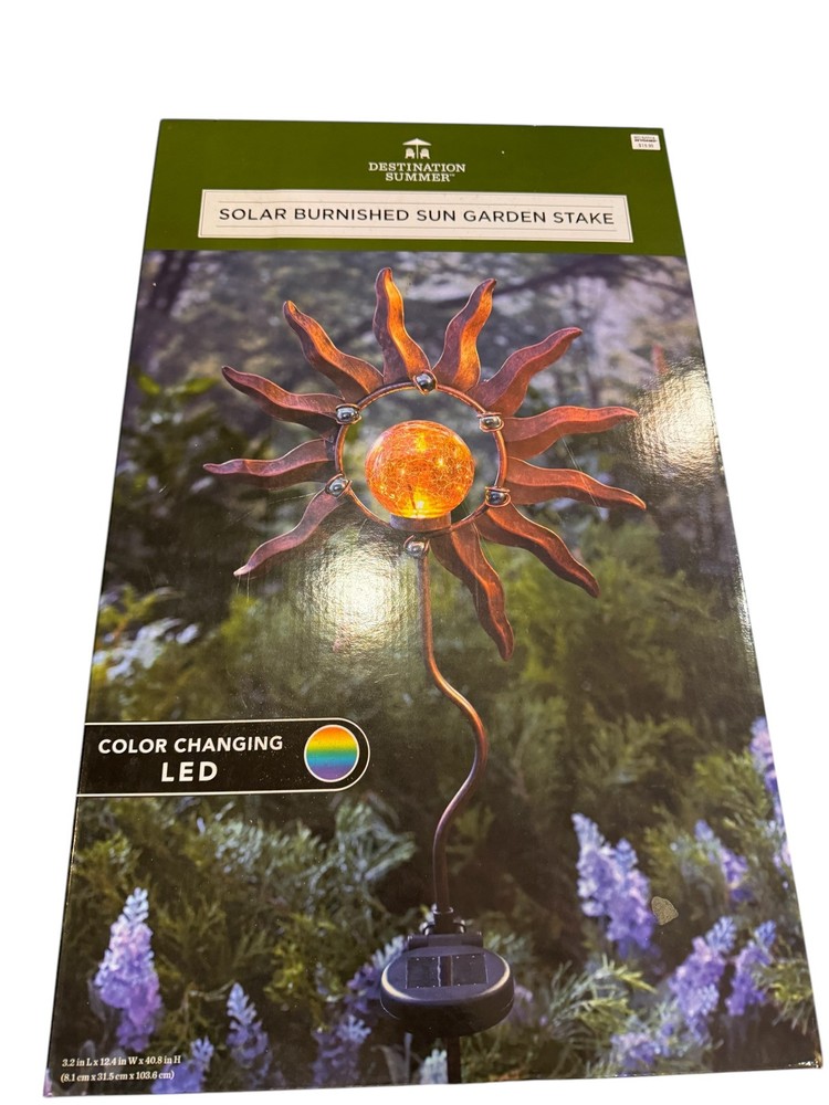 Solar-Powered Metal & Glass Garden Stake with Color-Changing LED Sun Moon Star Design
