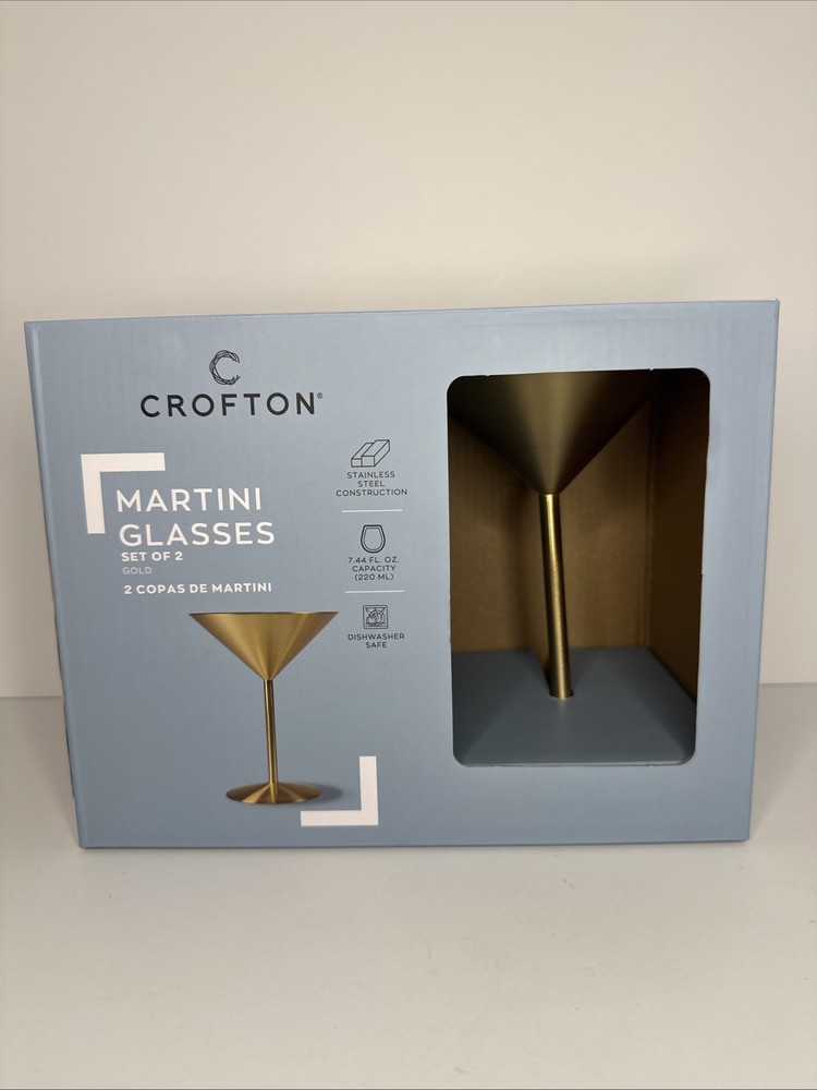 Crofton 2-Piece Gold Stainless Steel Martini Glass Set New