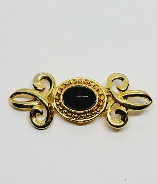 ヴィンテージ ゴールド トーン ブローチ ピン ブラック オニキス ストーン テクスチャ エレガント