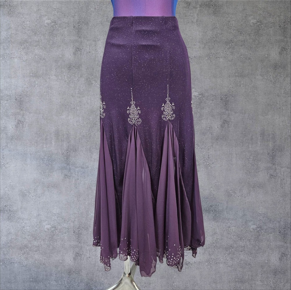 Aubergine Rhinestone Embellished Stretch Godet Midi Skirt Size Large C46 Formal Elegance