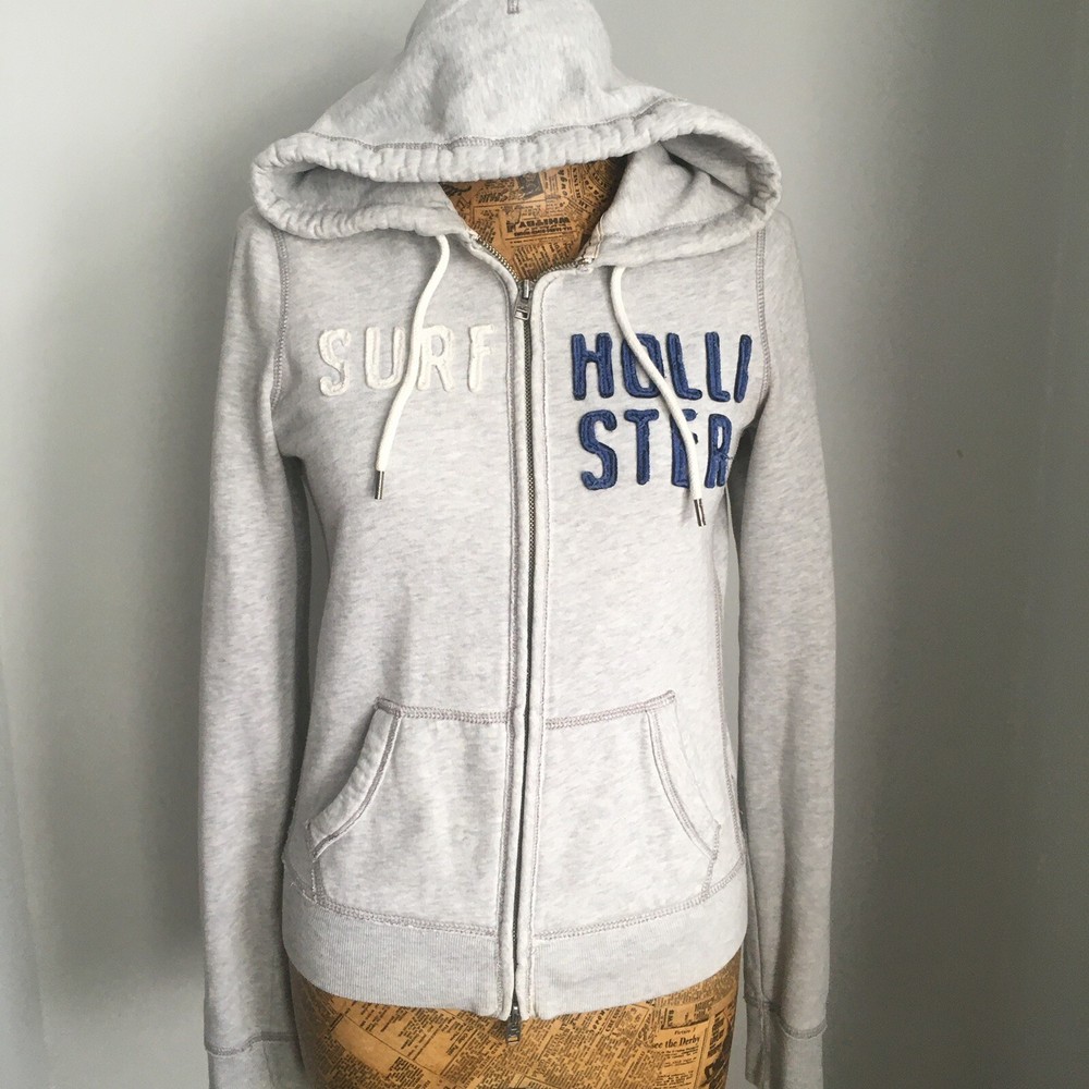 HOLLISTER HOODIE Womens SMALL Teens GREY Blue Casual Full Zip SURF