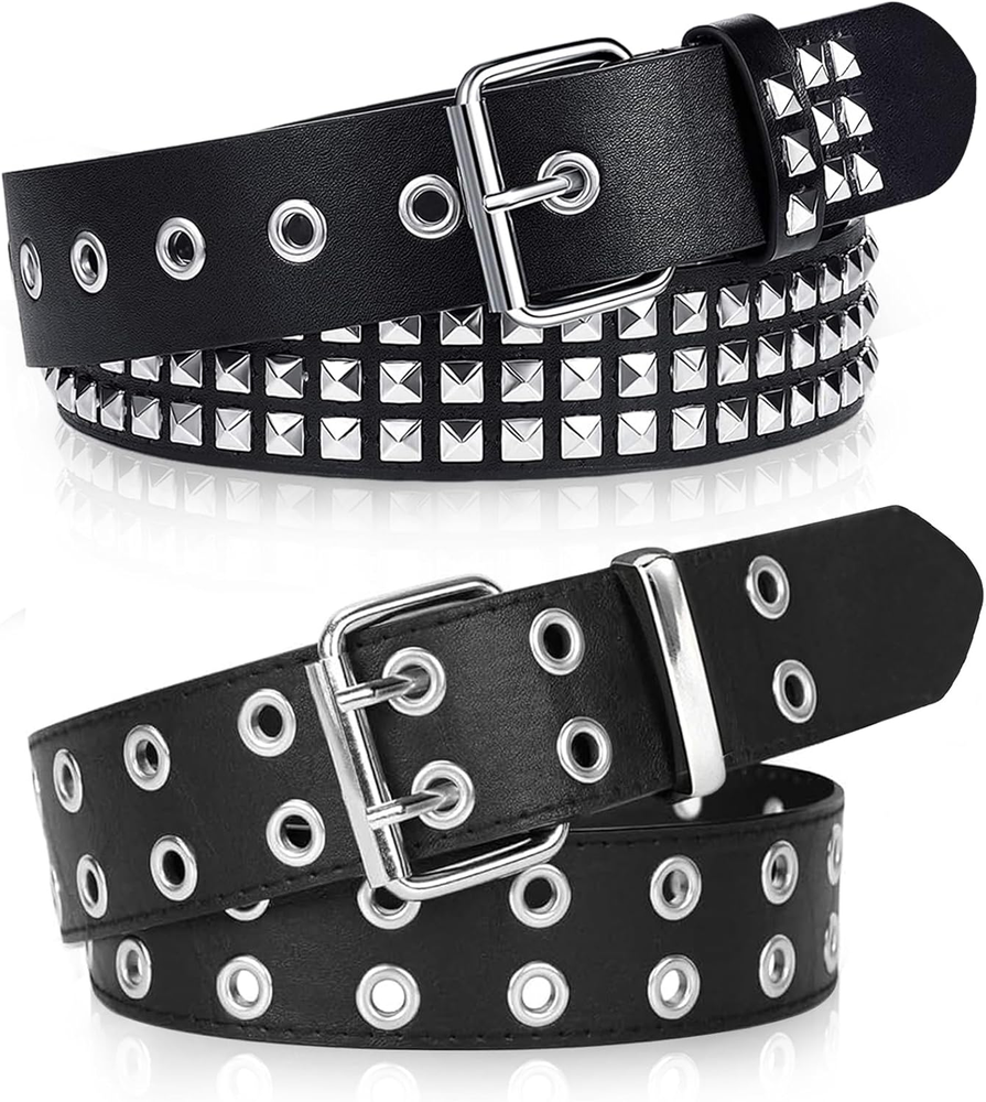 Black Studded Belt, 2 Pcs Y2K Belt Metal Punk Rock Double Grommet Belts with ...