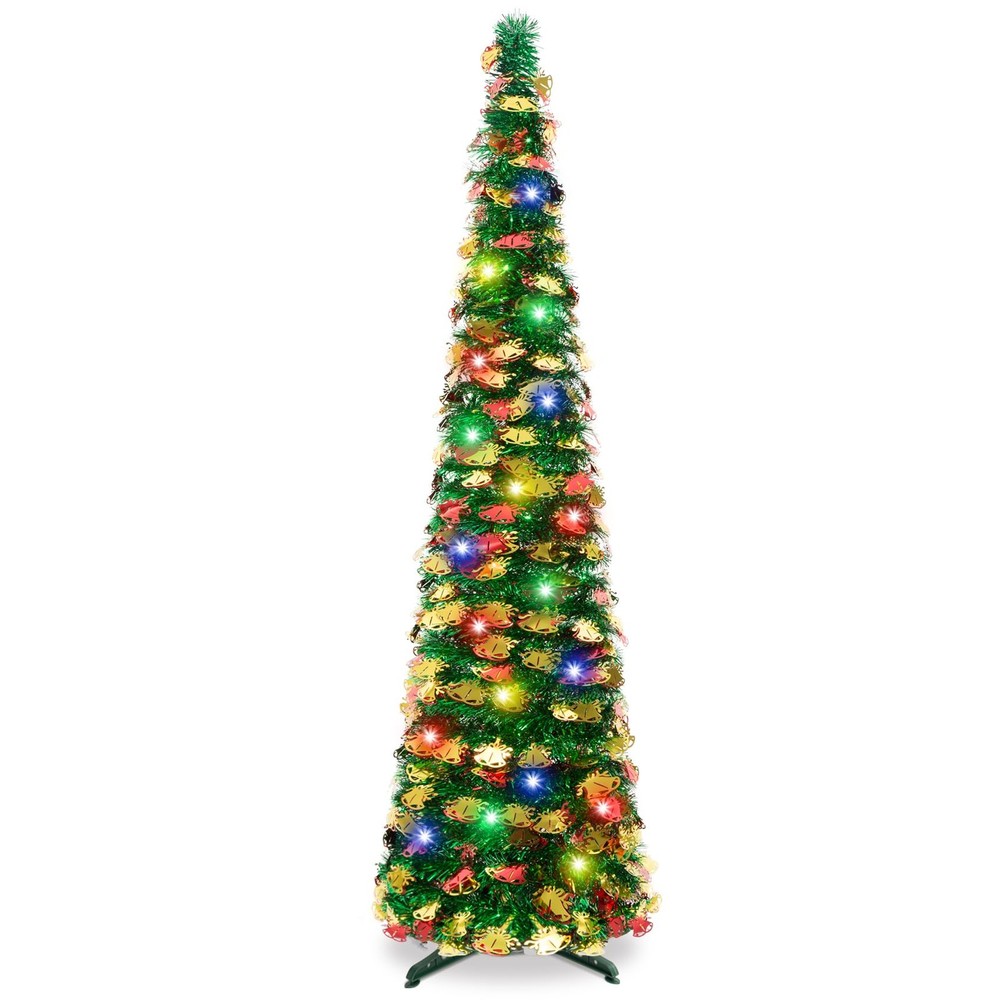 5Ft Pop Up Christmas Tree, Lights, Collapsible Pencil, Green Gold, Tinsel,Skinny