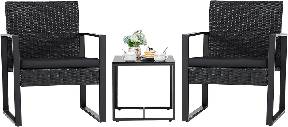 Modern 3-Piece Black Wicker Patio Set with Rattan Chairs & Coffee Table