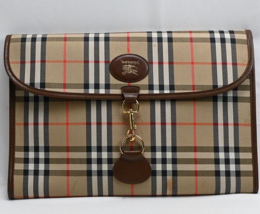 BURBERRY Check Document Pouch Clutch bag Canvas Leather Beige Authentic