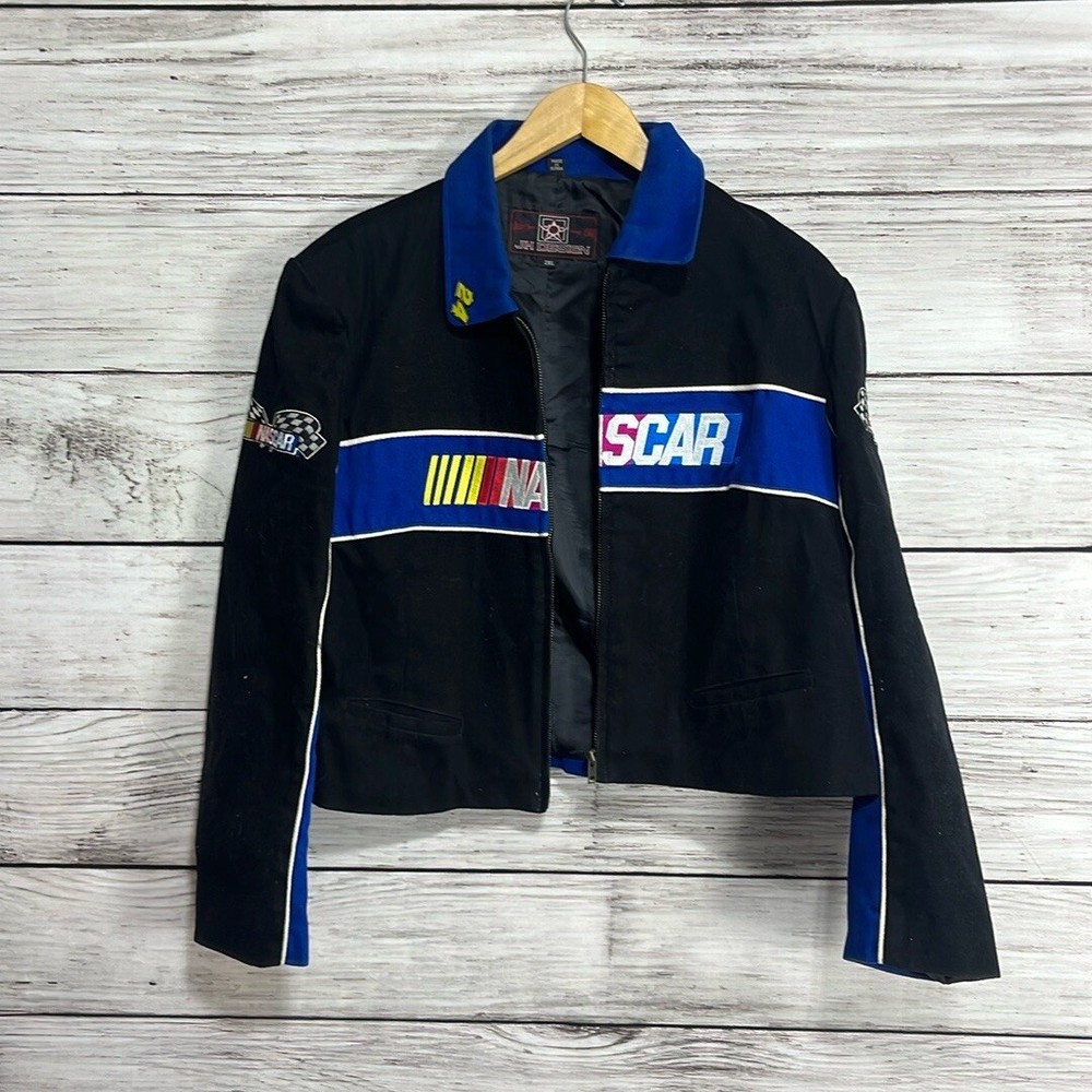 Vintage Black & Blue NASCAR Racing Jacket by JH Design Short Waist in 2XL