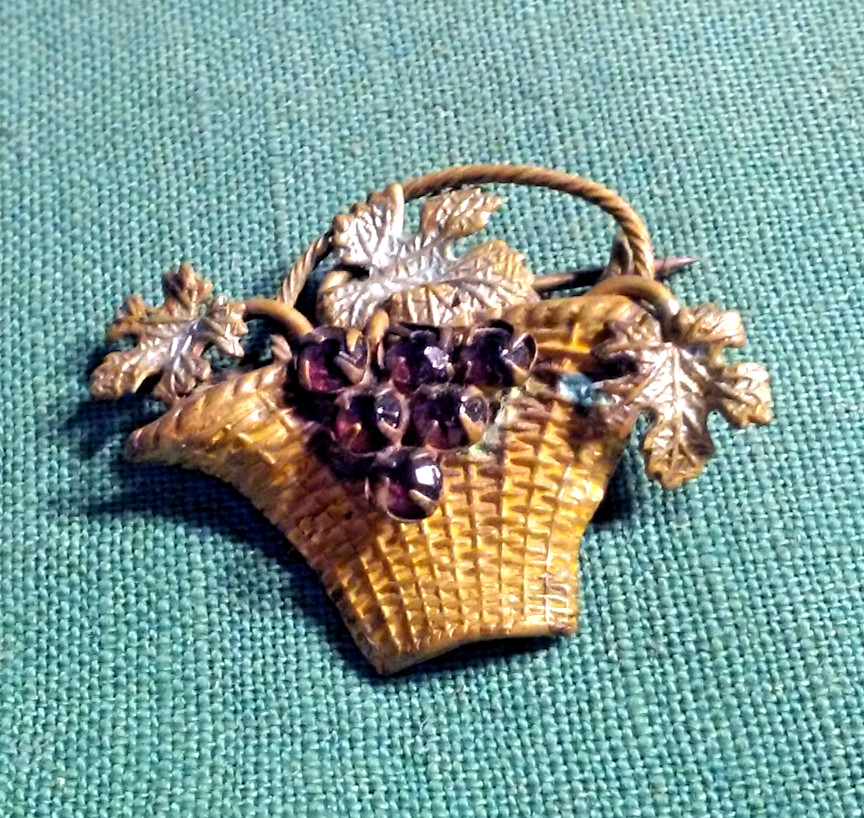 Crafted Deco Metal Basket Enamel Painted Flower Glass Rhinestone Art Pin Brooch