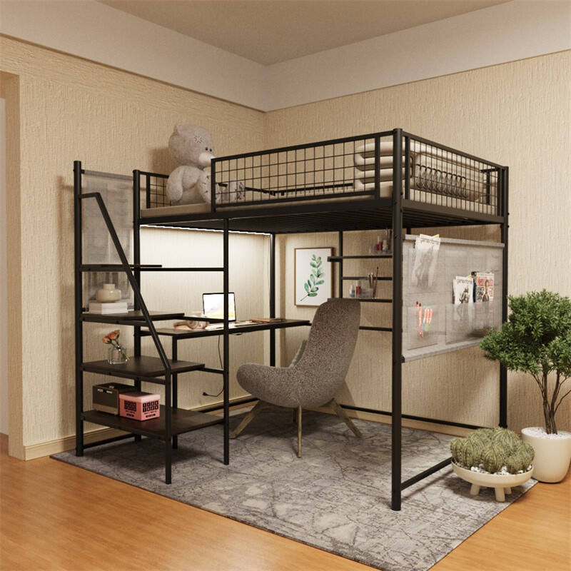 Full Size Metal Loft Bed w/Desk,Storage Stairs,Shelves & LED Light for Dormitory