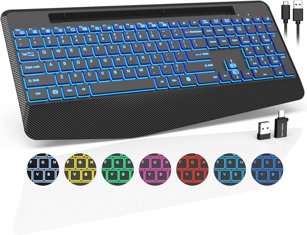 Wireless Keyboard with 7-Color Backlit Wrist Rest Phone Holder Rechargeable Design