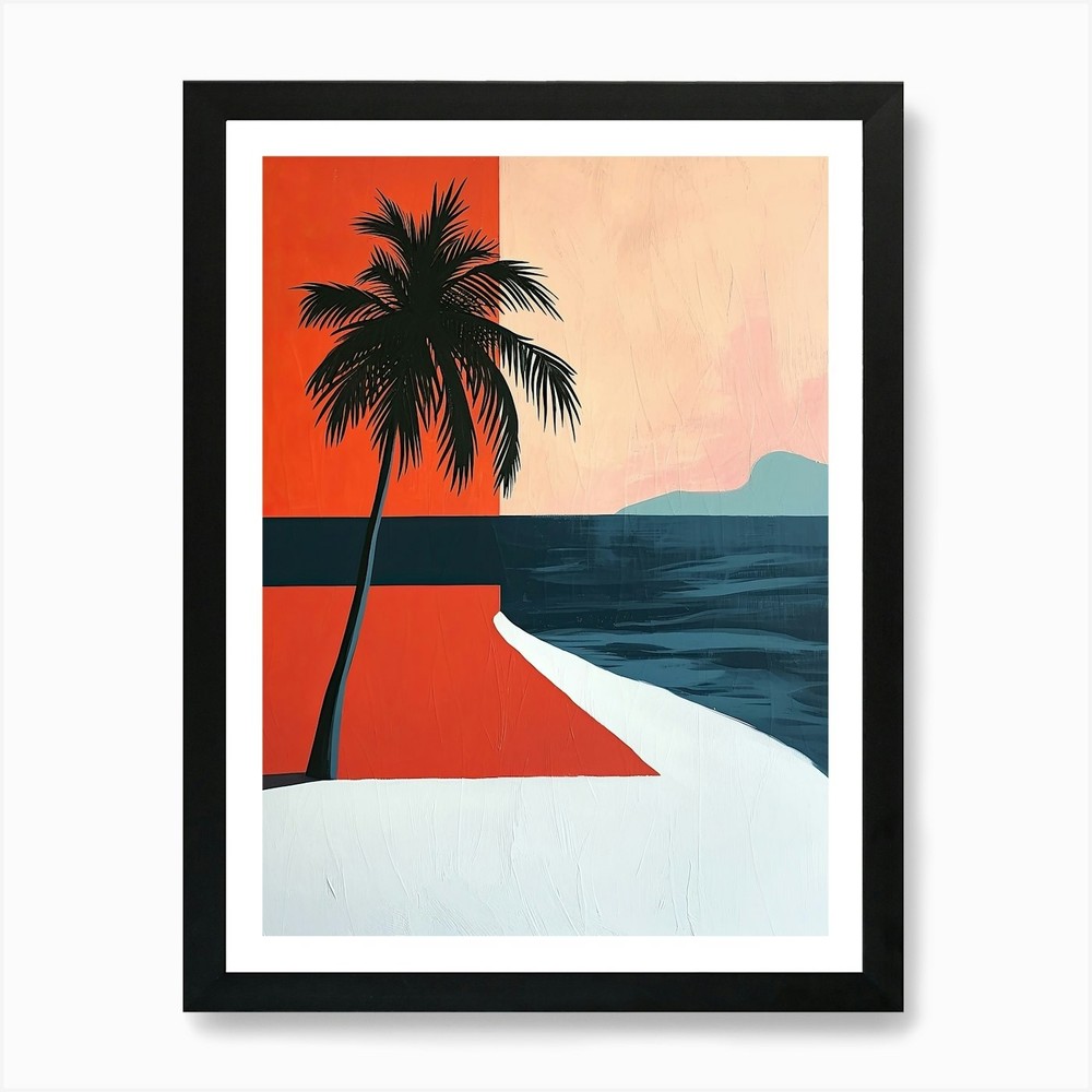 Palm Tree On The Beach, Minimalism  Framed Wall Art Poster Canvas Print Picture