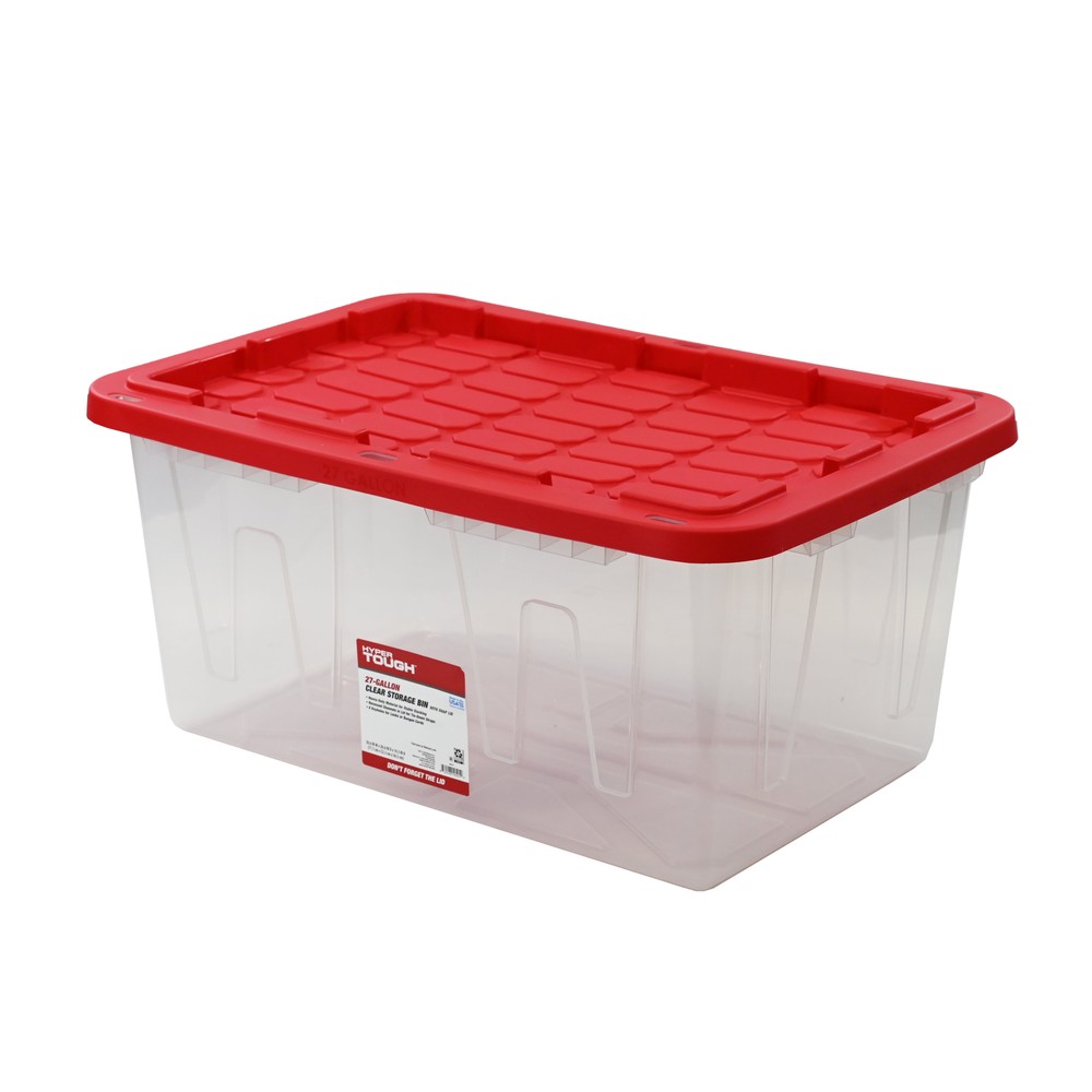 27 Gallon Clear Plastic Storage Bin, Red Lid, Storage for all ages