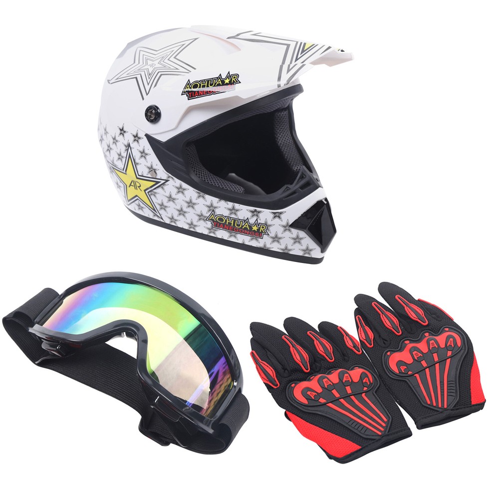 Off-Road Motocross Youth Helmet Goggles Gloves Kit for ATV Dirt Bike Racing  